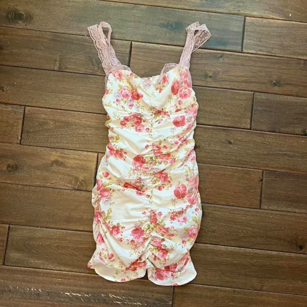 Floral Ruched Dress with Lace Straps